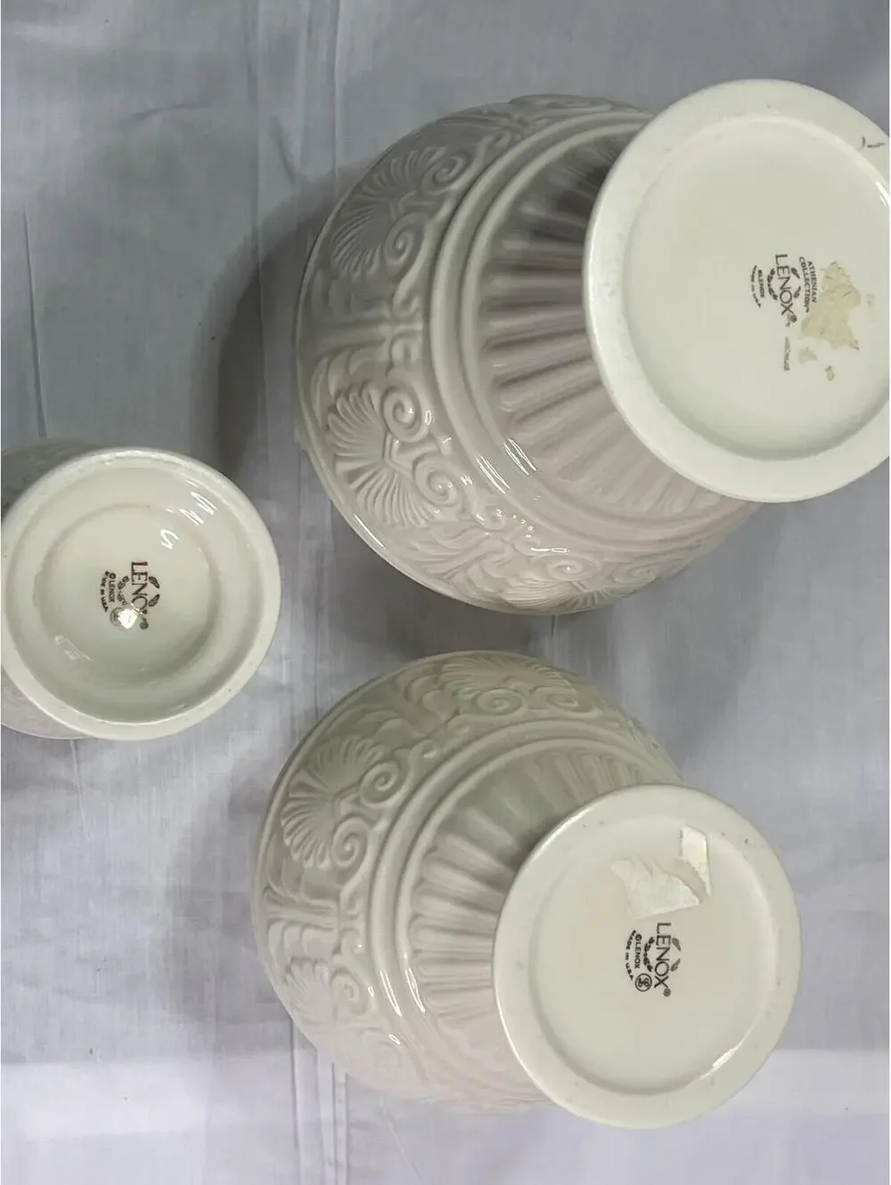 Lenox Athenia Porcelain Vase Set White 24K Gold Trim Embossed Shell 3 Pc